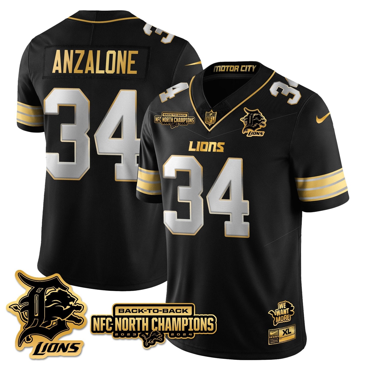 Custom Gender/Name Detroit Lions 2024 NFC North Champions Gold Jersey N3 - All Stitched