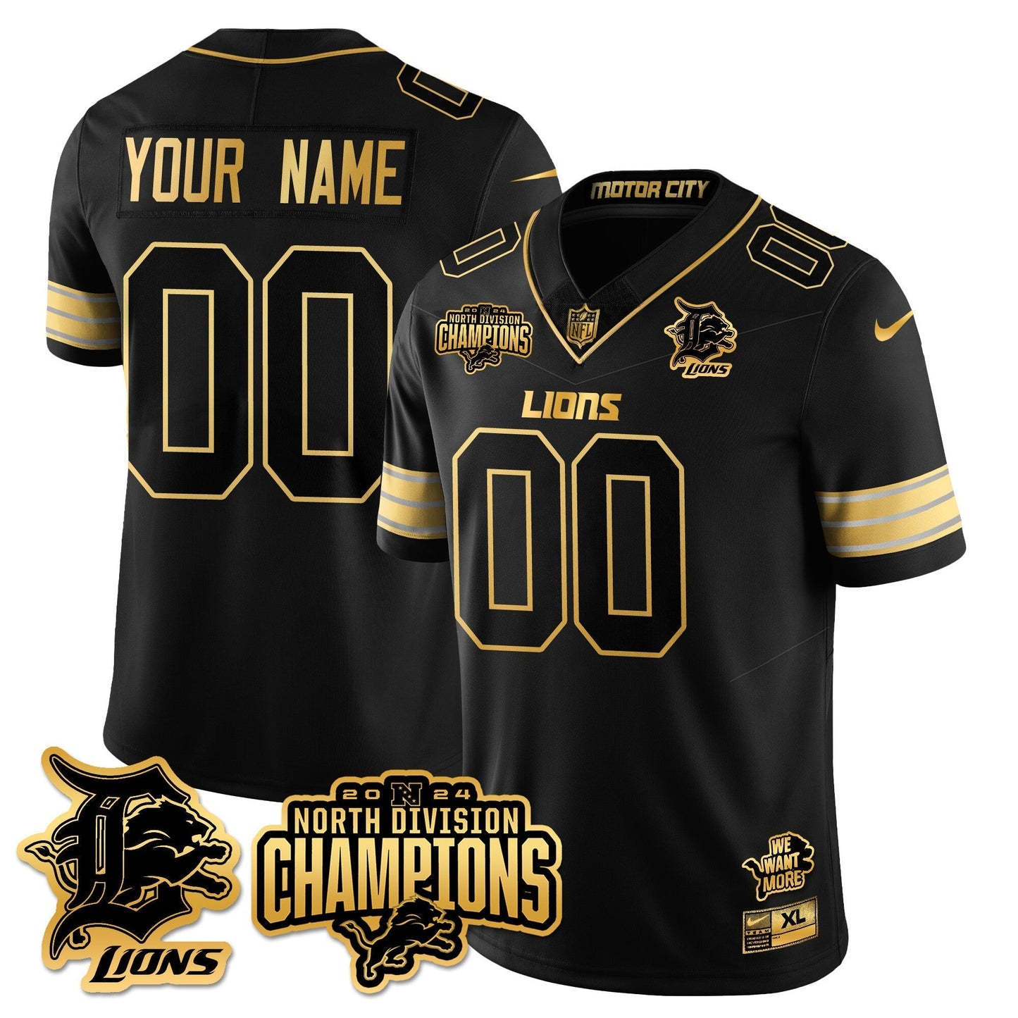 Custom Gender/Name DET 2024 NFC North Champions Gold Jersey N2 - All Stitched