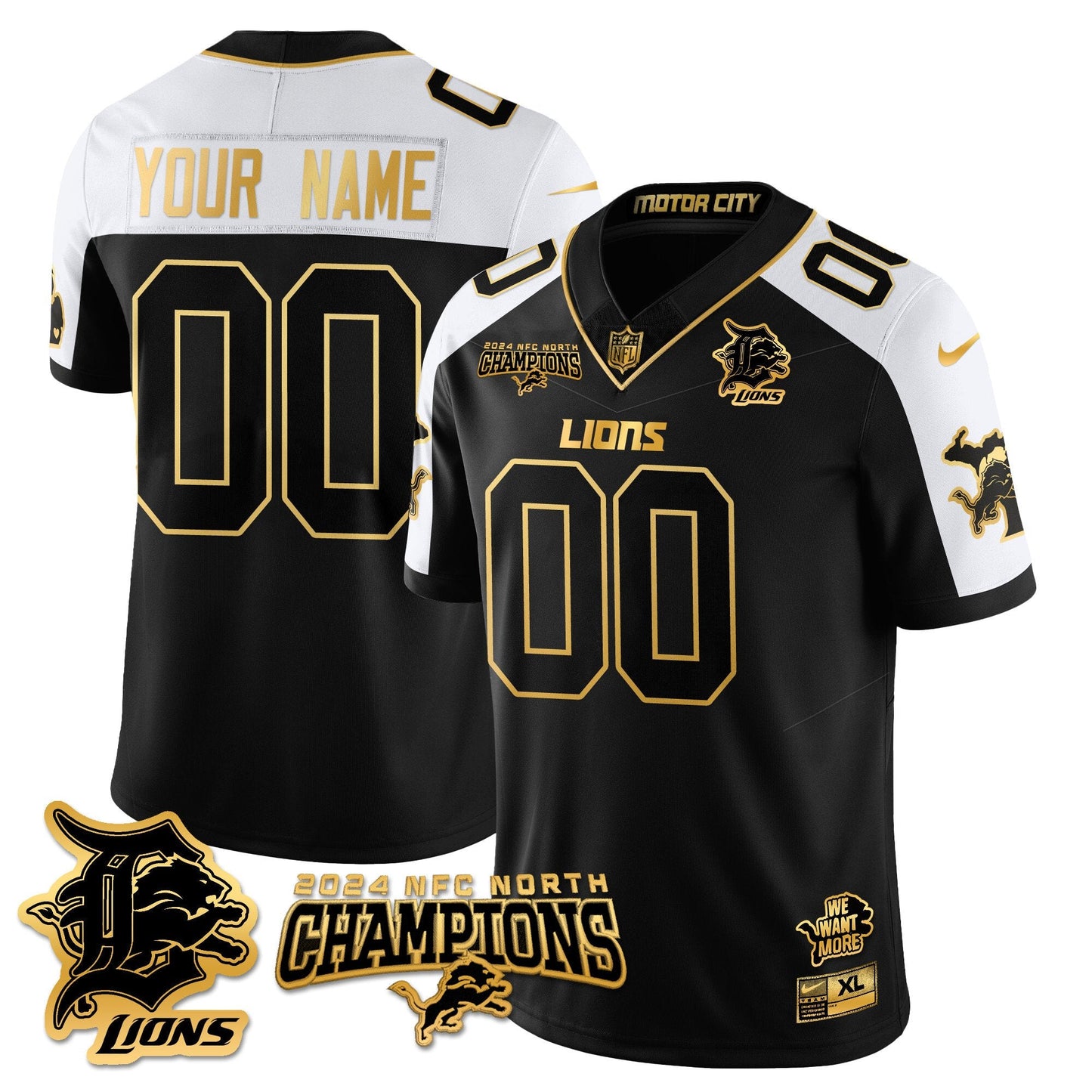 Custom Gender/Name Detroit Lions 2024 NFC North Champions Gold Jersey N1 - All Stitched