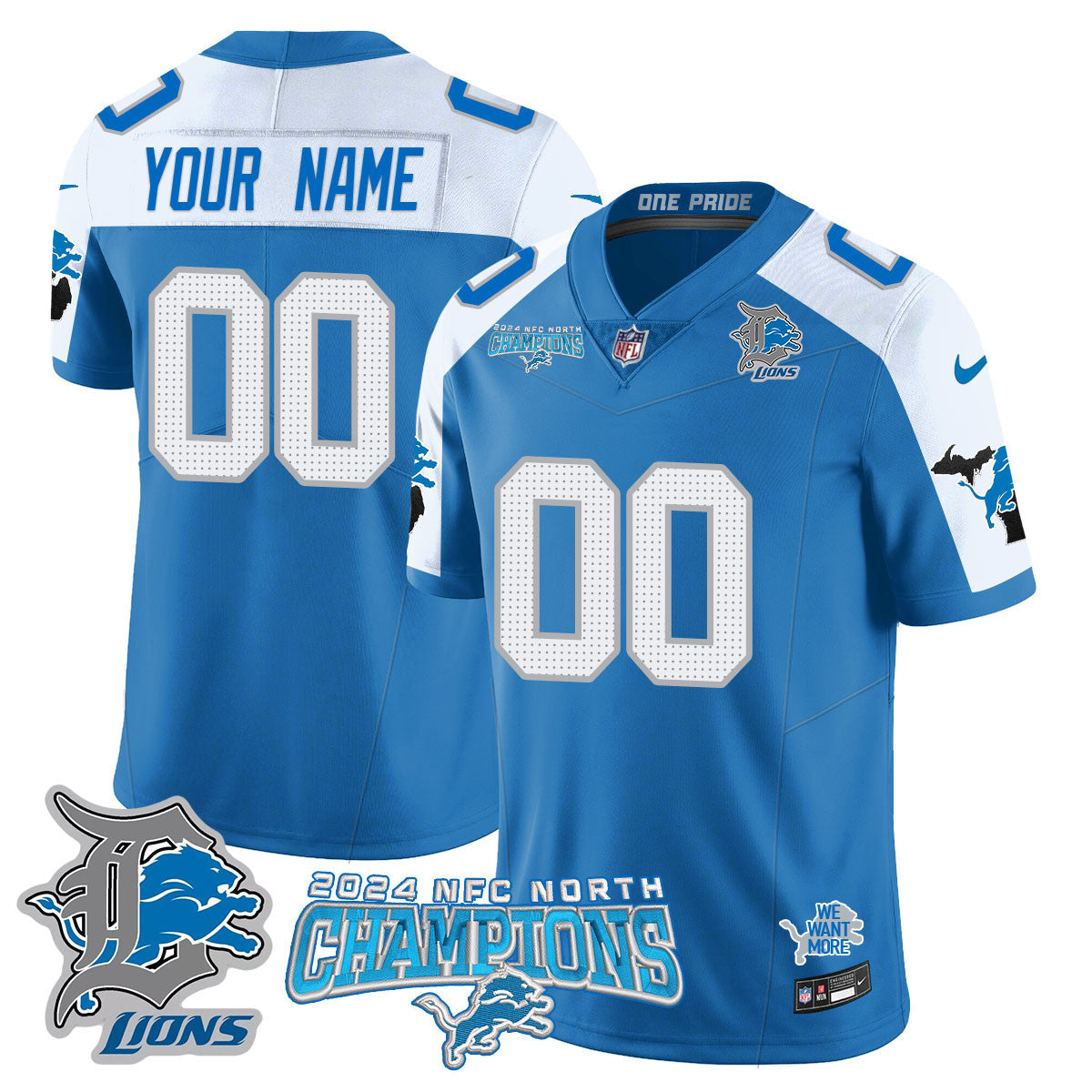 Custom Gender/Name Detroit Lions 2024 NFC North Champions Gold Jersey N1 - All Stitched