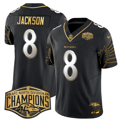 Ravens Maryland 2024 AFC North Division Champions Patch Gold Vapor Limited Jersey - All Stitched