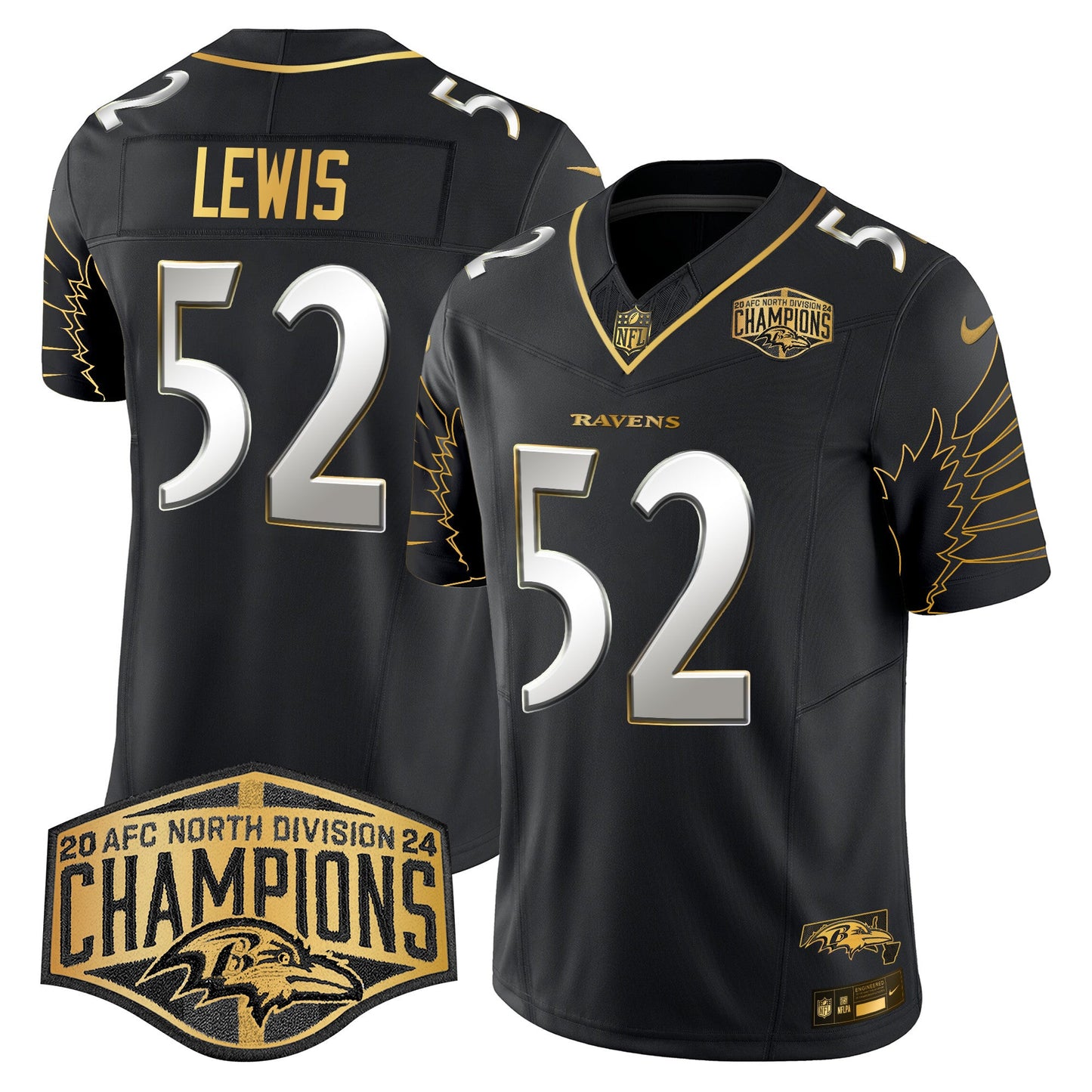 Ravens Maryland 2024 AFC North Division Champions Patch Gold Vapor Limited Jersey - All Stitched