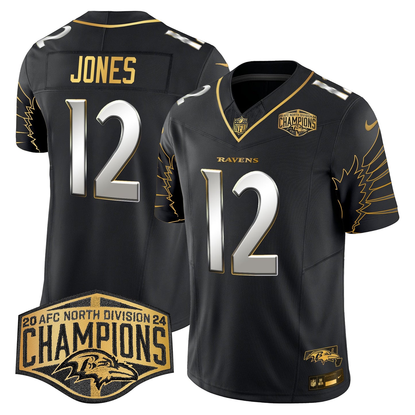 Ravens Maryland 2024 AFC North Division Champions Patch Gold Vapor Limited Jersey - All Stitched