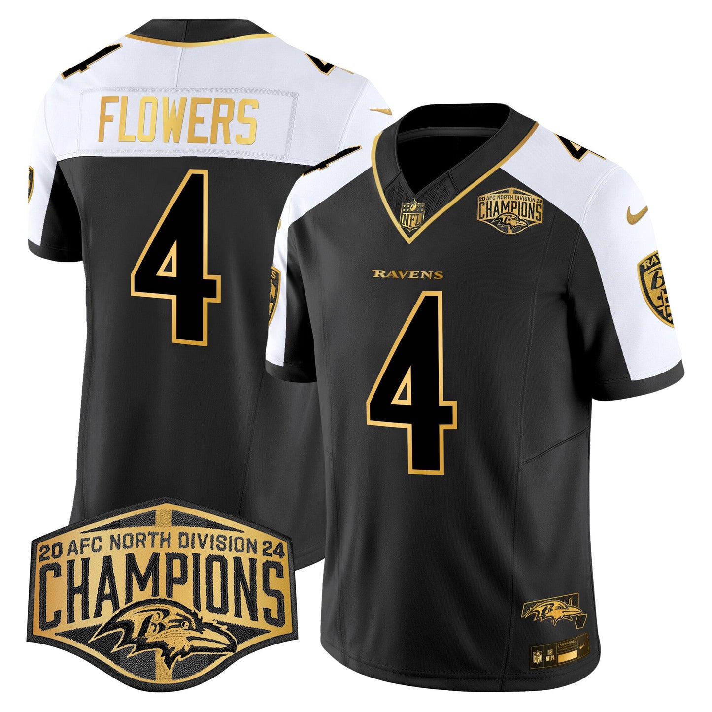 Ravens Maryland 2024 AFC North Division Champions Patch Gold Vapor Limited Jersey - All Stitched