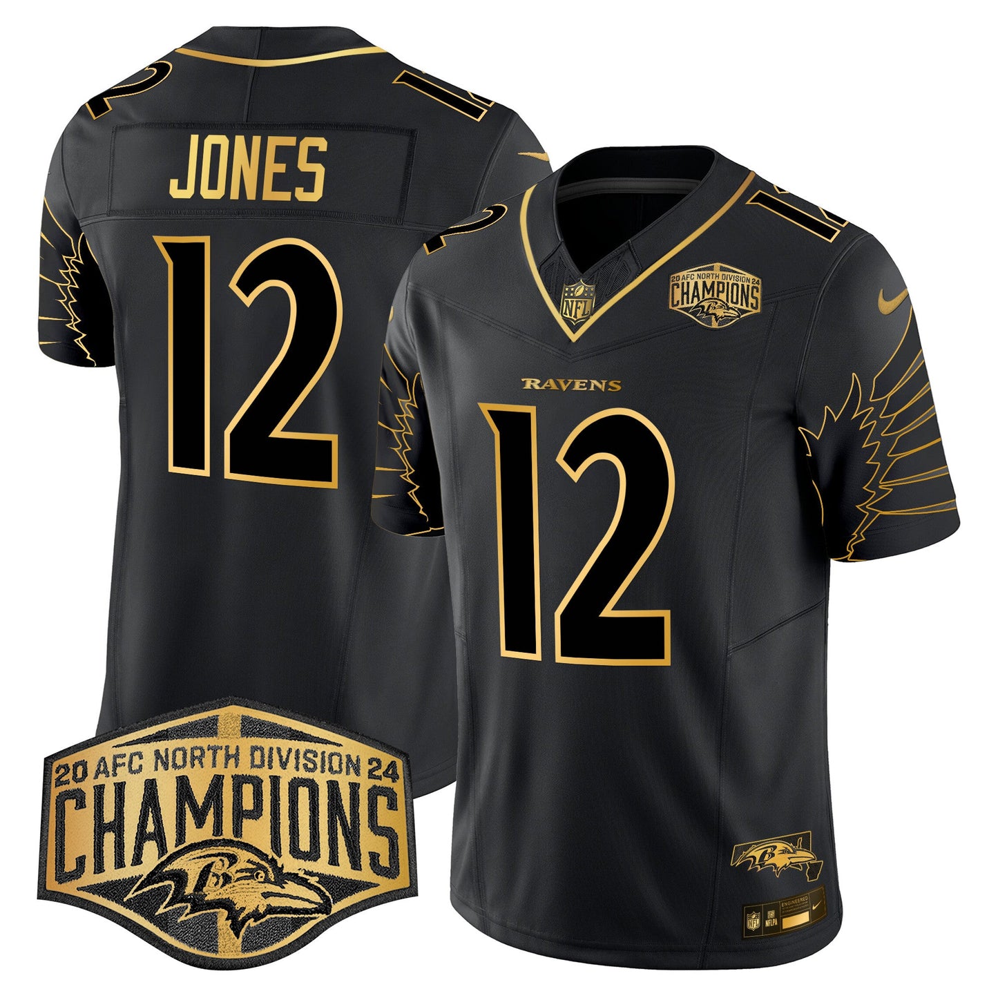 Ravens Maryland 2024 AFC North Division Champions Patch Gold Vapor Limited Jersey - All Stitched