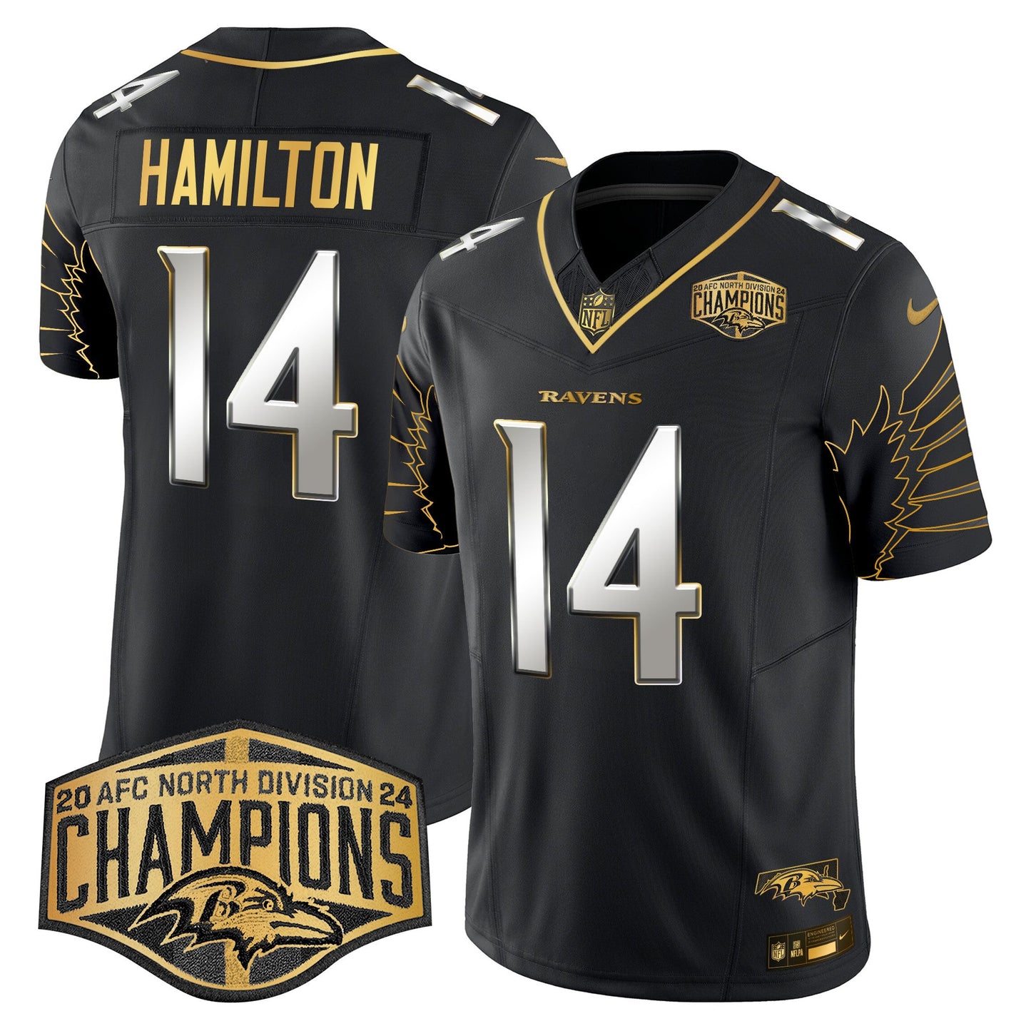 Ravens Maryland 2024 AFC North Division Champions Patch Gold Vapor Limited Jersey - All Stitched