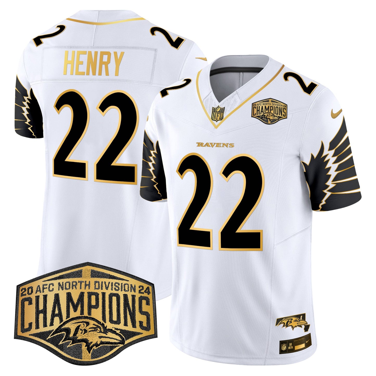 Ravens Maryland 2024 AFC North Division Champions Patch Gold Vapor Limited Jersey - All Stitched