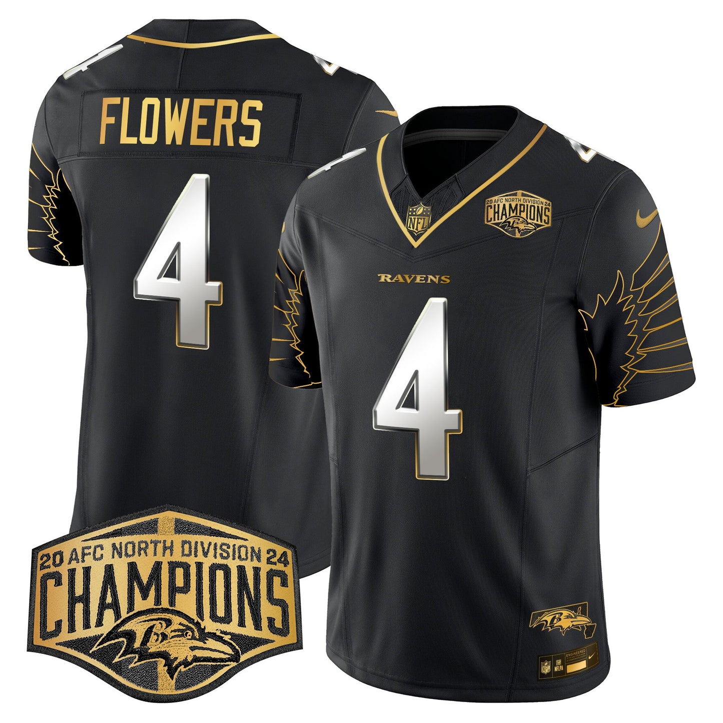 Ravens Maryland 2024 AFC North Division Champions Patch Gold Vapor Limited Jersey - All Stitched