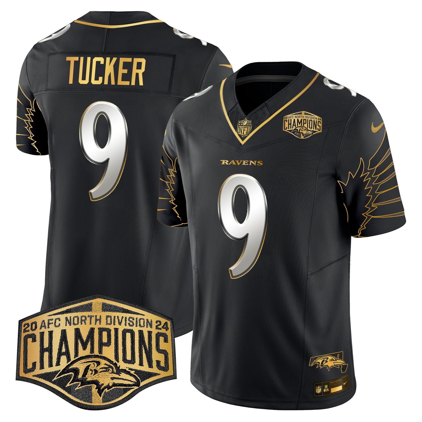 Ravens Maryland 2024 AFC North Division Champions Patch Gold Vapor Limited Jersey - All Stitched