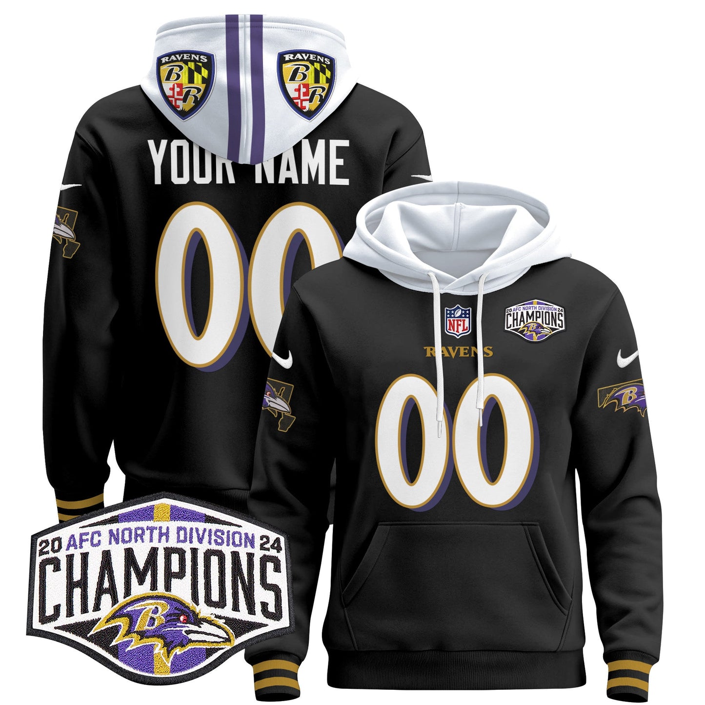 Baltimore Ravens 2024 AFC North Division Champions Patch Custom Pullover Hoodie V2 - All Stitched