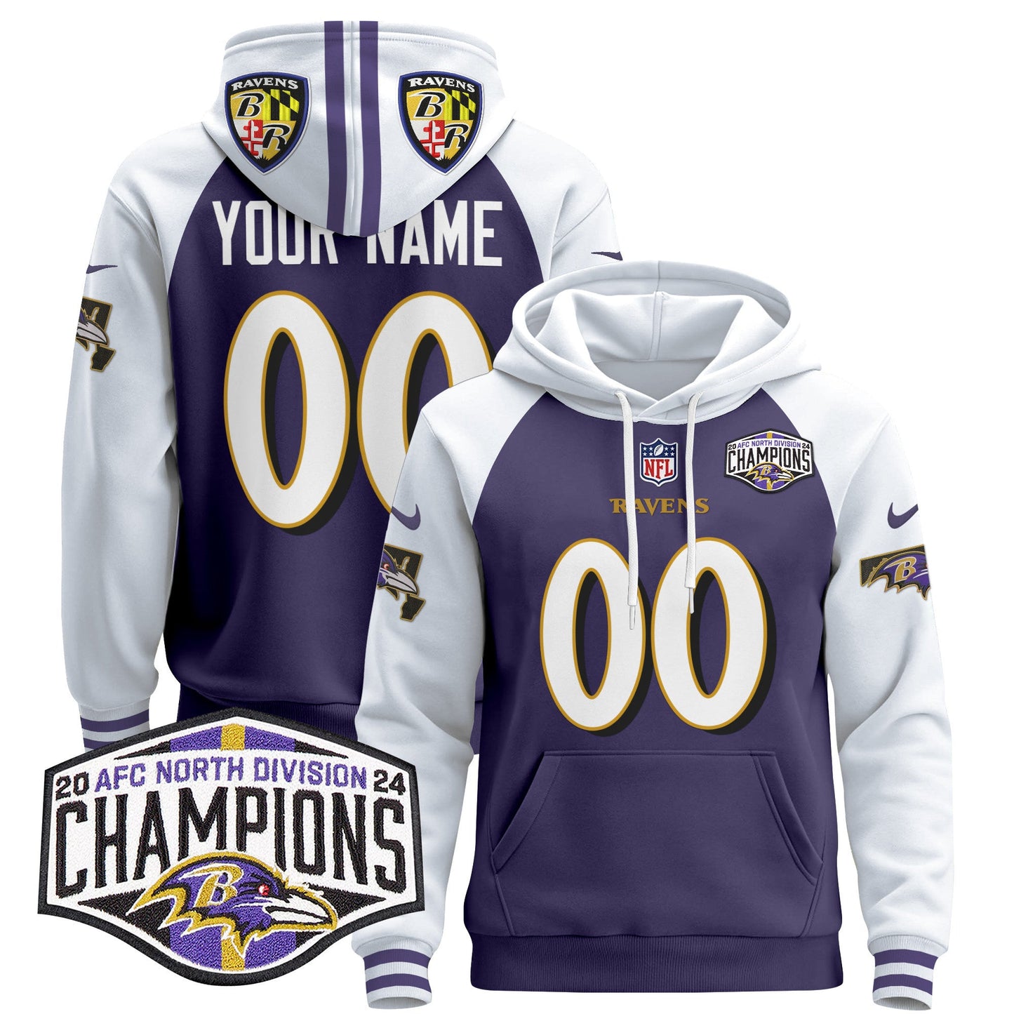 Baltimore Ravens 2024 AFC North Division Champions Patch Custom Pullover Hoodie V2 - All Stitched