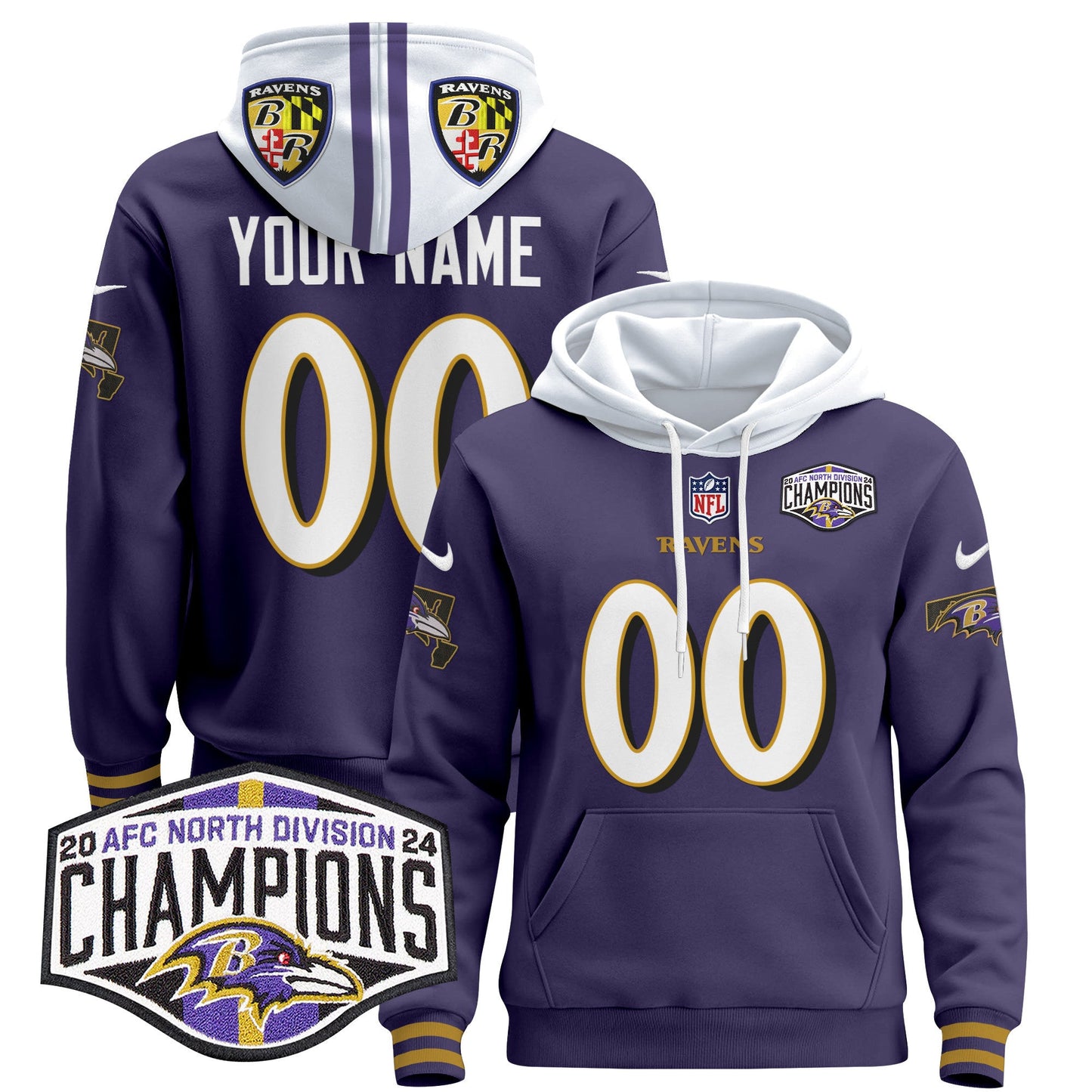 Baltimore Ravens 2024 AFC North Division Champions Patch Custom Pullover Hoodie V2 - All Stitched