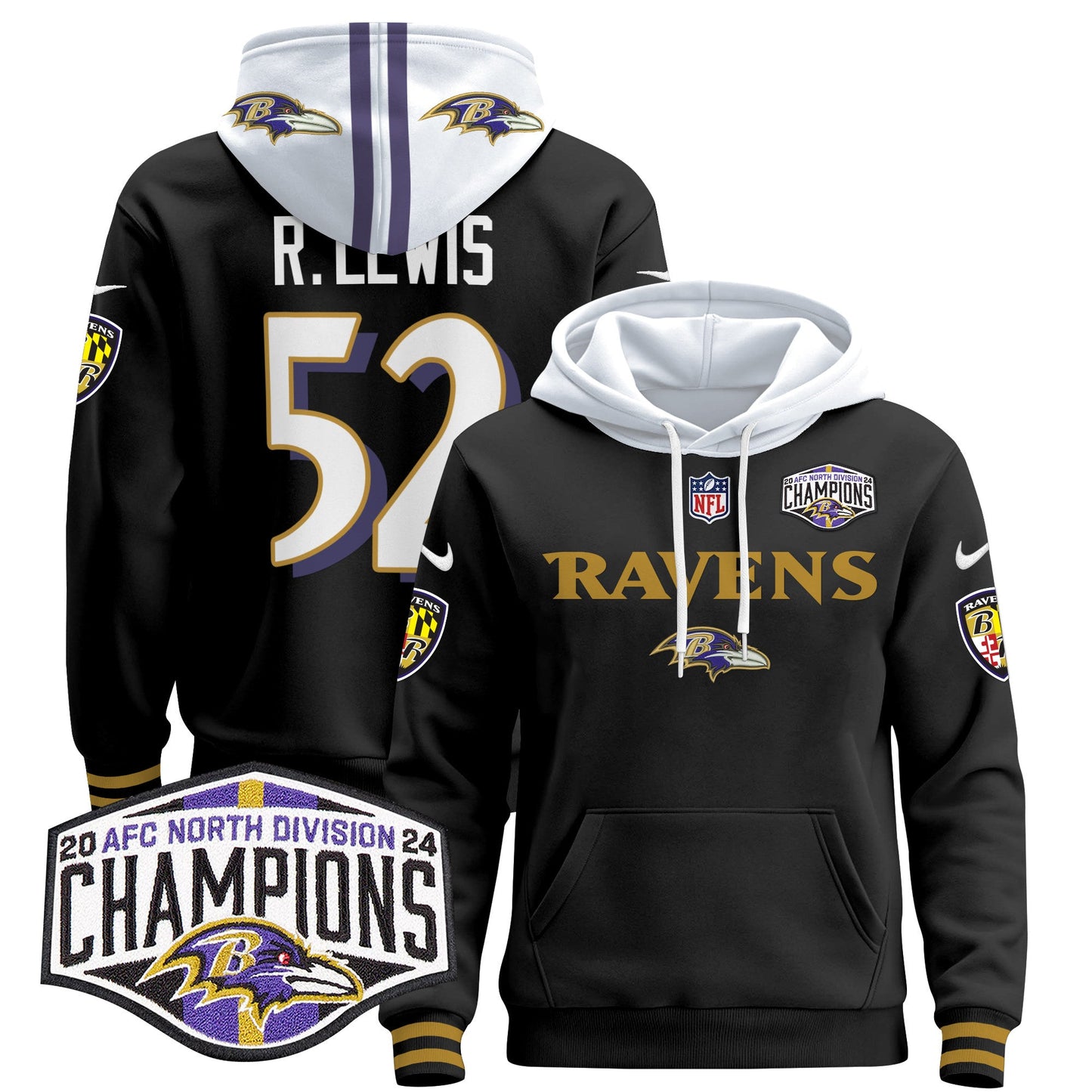 Baltimore Ravens 2024 AFC North Division Champions Patch Pullover Hoodie - All Stitched
