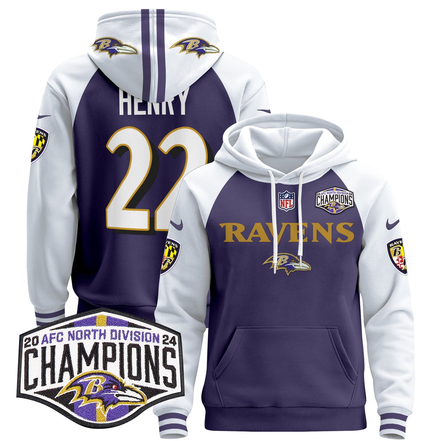 Baltimore Ravens 2024 AFC North Division Champions Patch Pullover Hoodie - All Stitched