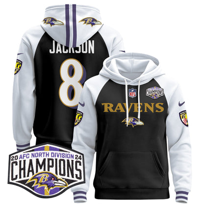 Baltimore Ravens 2024 AFC North Division Champions Patch Pullover Hoodie - All Stitched
