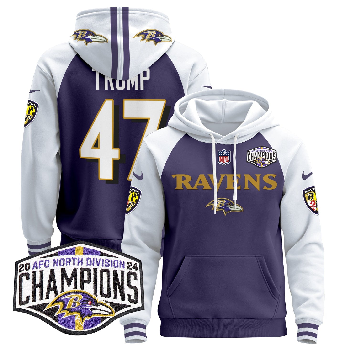 Baltimore Ravens 2024 AFC North Division Champions Patch Pullover Hoodie - All Stitched