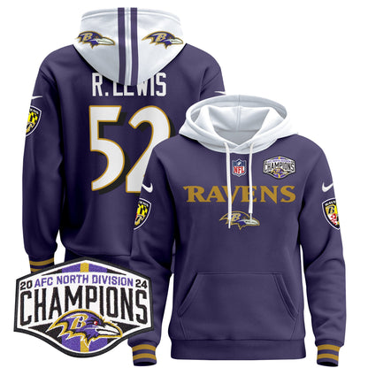 Baltimore Ravens 2024 AFC North Division Champions Patch Pullover Hoodie - All Stitched
