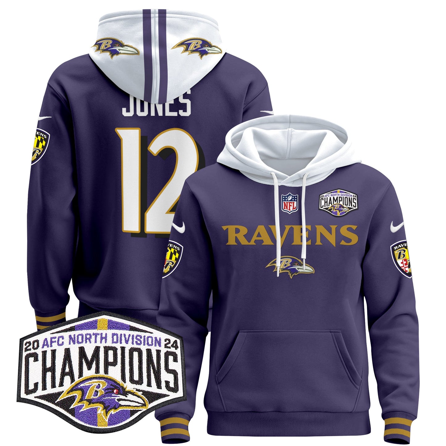 Baltimore Ravens 2024 AFC North Division Champions Patch Pullover Hoodie - All Stitched
