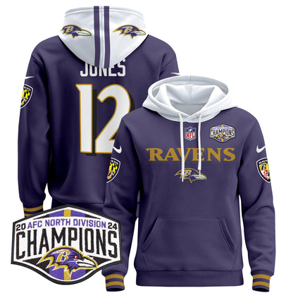 Baltimore Ravens 2024 AFC North Division Champions Patch Pullover Hoodie - All Stitched