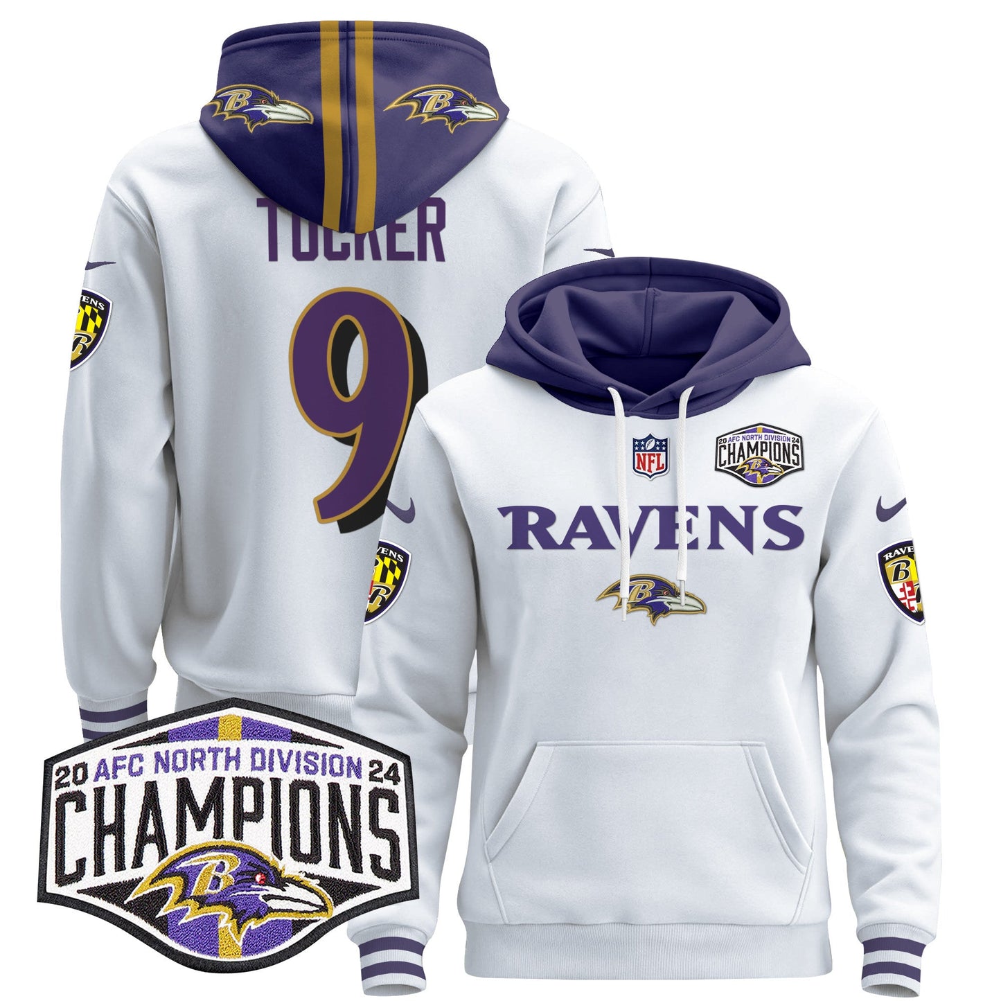 Baltimore Ravens 2024 AFC North Division Champions Patch Pullover Hoodie - All Stitched