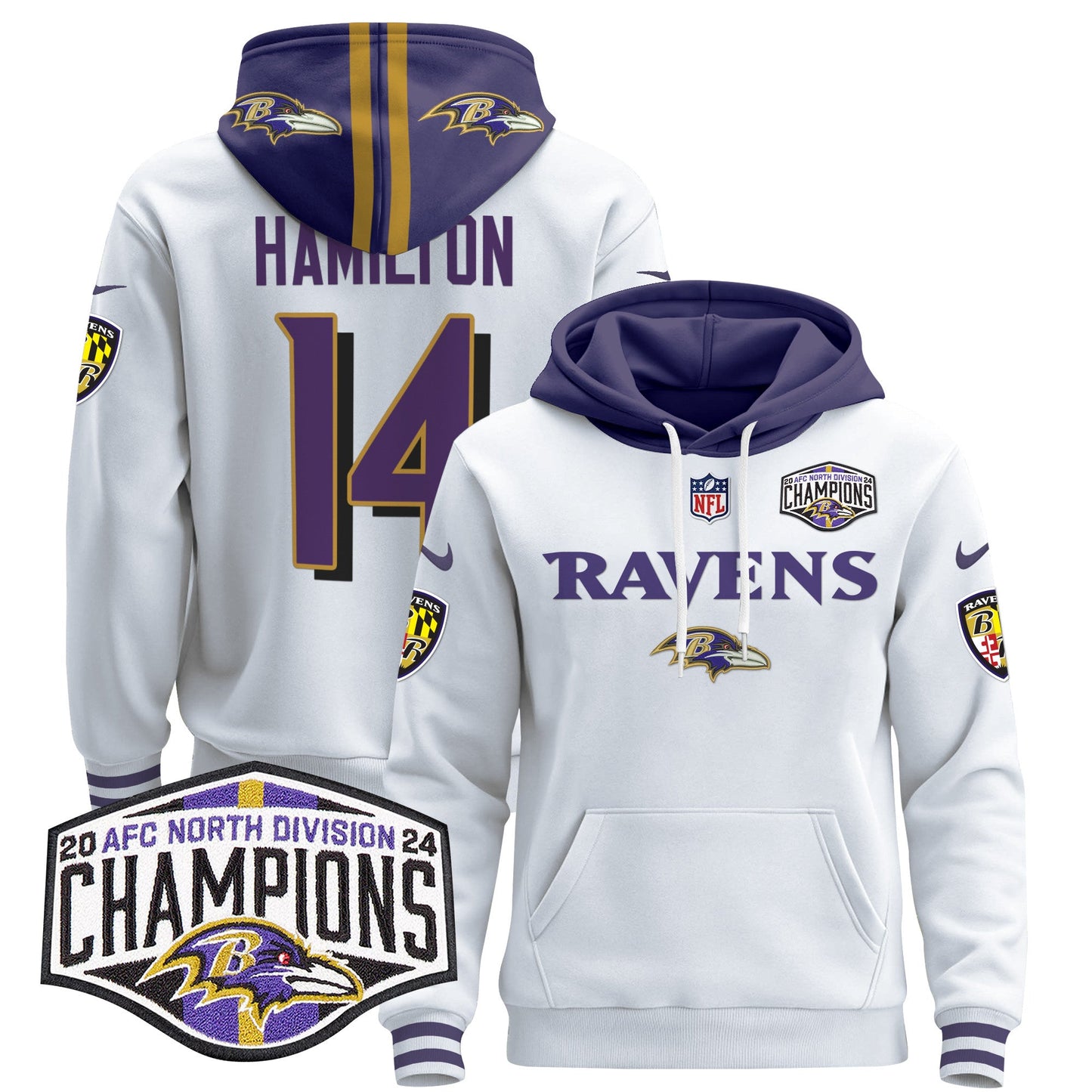 Baltimore Ravens 2024 AFC North Division Champions Patch Pullover Hoodie - All Stitched