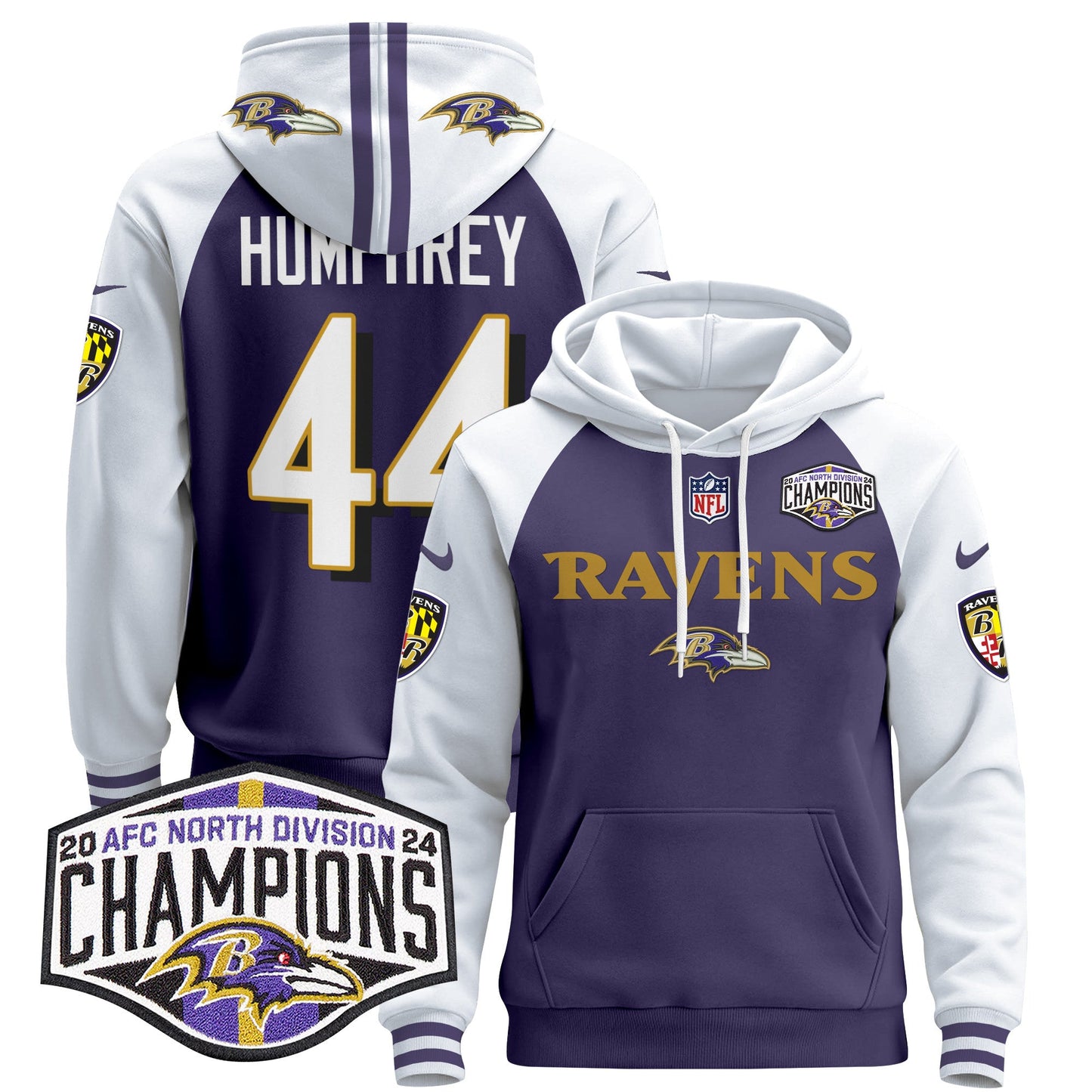Baltimore Ravens 2024 AFC North Division Champions Patch Pullover Hoodie - All Stitched