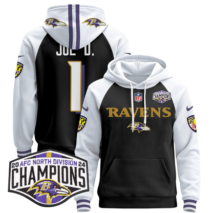 Baltimore Ravens 2024 AFC North Division Champions Patch Pullover Hoodie - All Stitched
