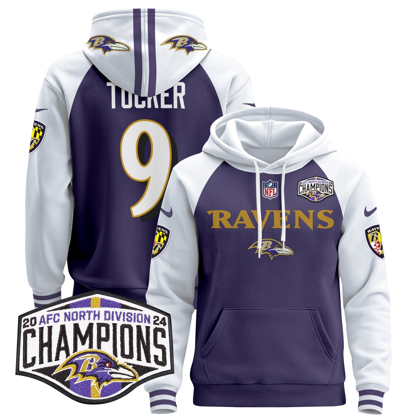 Baltimore Ravens 2024 AFC North Division Champions Patch Pullover Hoodie - All Stitched