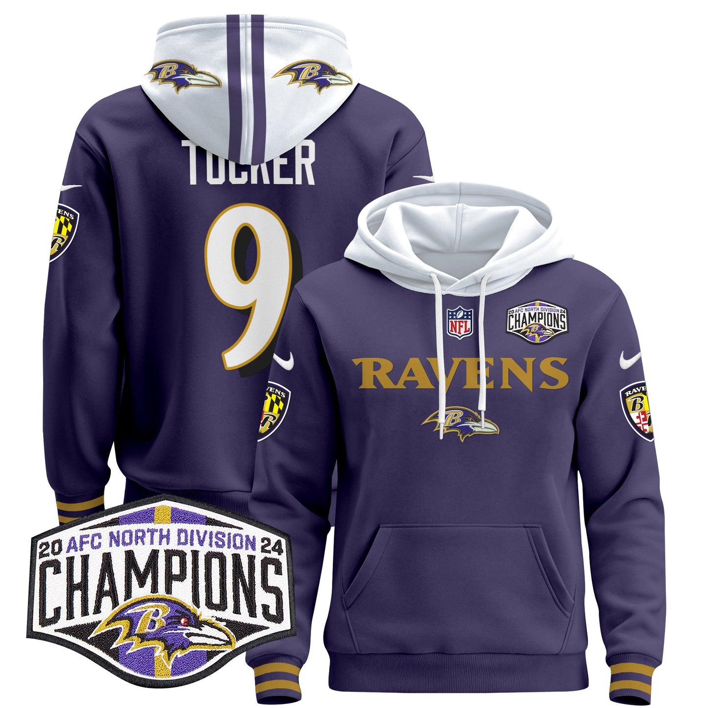 Baltimore Ravens 2024 AFC North Division Champions Patch Pullover Hoodie - All Stitched