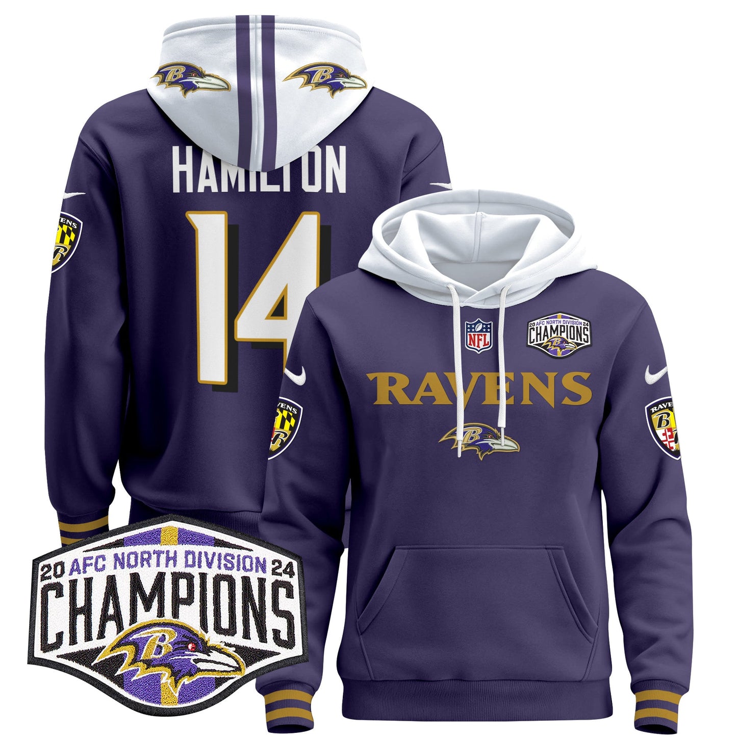 Baltimore Ravens 2024 AFC North Division Champions Patch Pullover Hoodie - All Stitched
