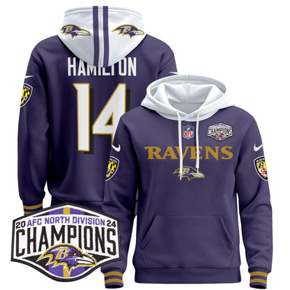 Baltimore Ravens 2024 AFC North Division Champions Patch Pullover Hoodie - All Stitched