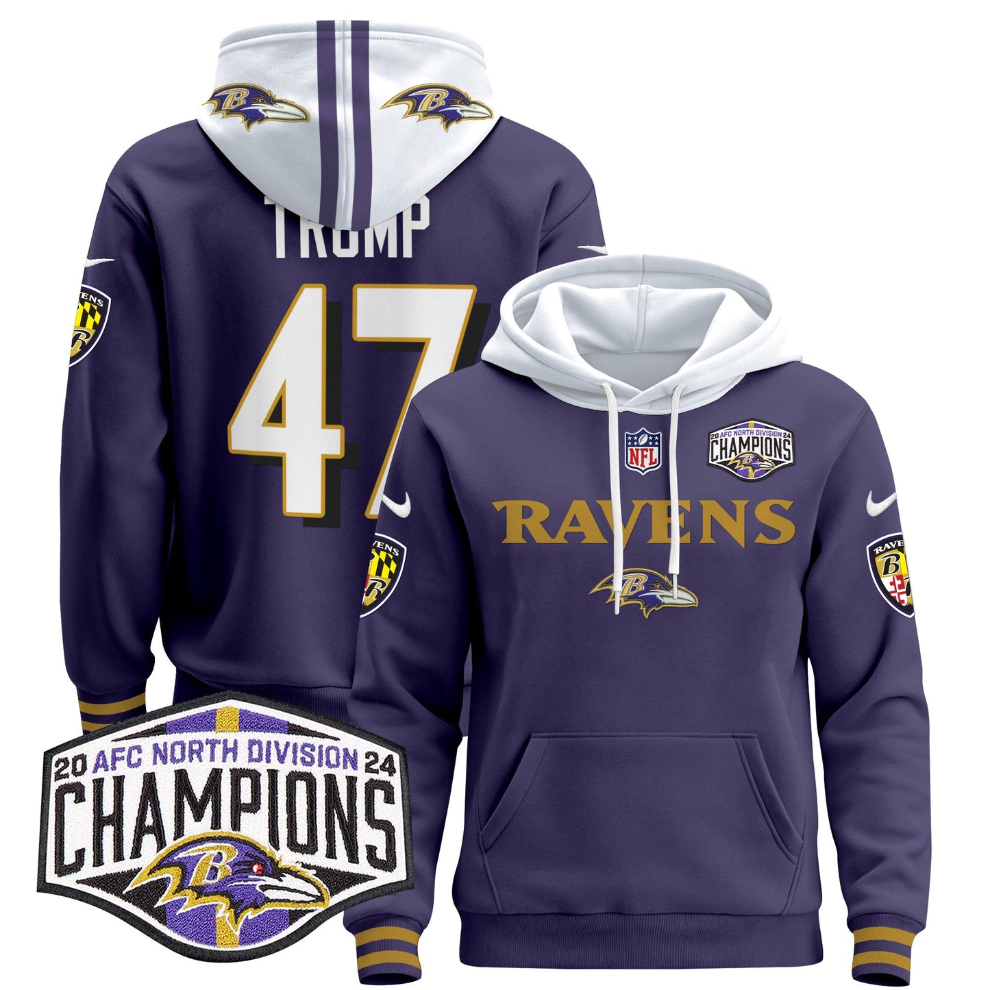 Baltimore Ravens 2024 AFC North Division Champions Patch Pullover Hoodie - All Stitched