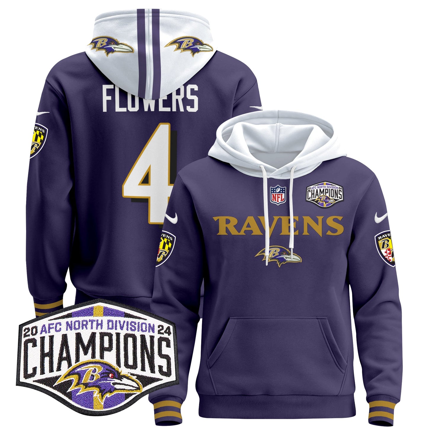 Baltimore Ravens 2024 AFC North Division Champions Patch Pullover Hoodie - All Stitched