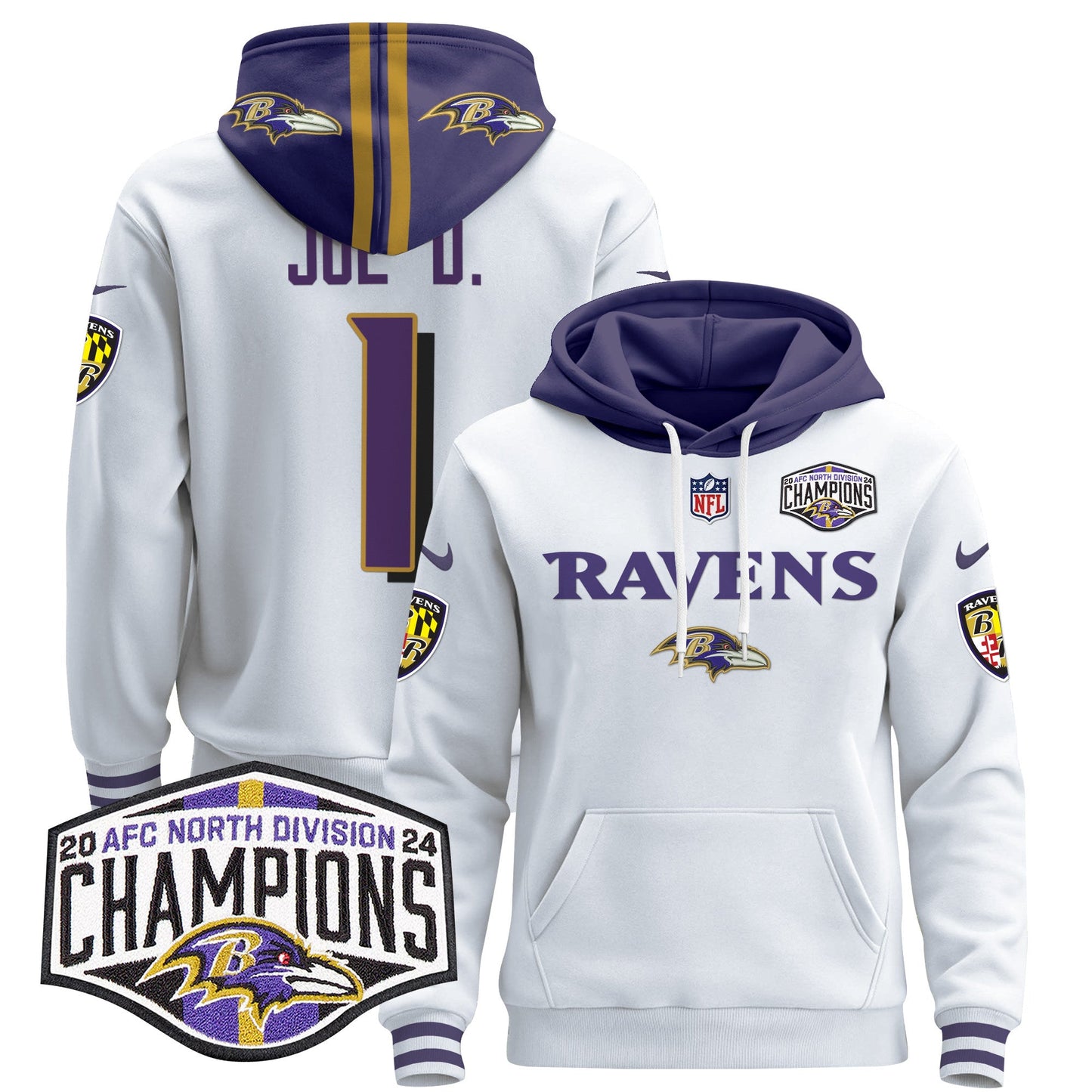 Baltimore Ravens 2024 AFC North Division Champions Patch Pullover Hoodie - All Stitched