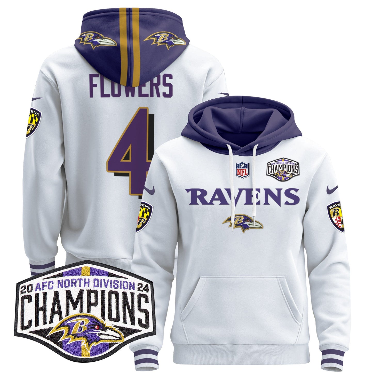 Baltimore Ravens 2024 AFC North Division Champions Patch Pullover Hoodie - All Stitched