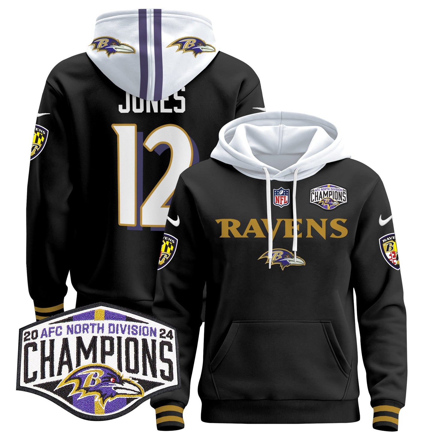 Baltimore Ravens 2024 AFC North Division Champions Patch Pullover Hoodie - All Stitched