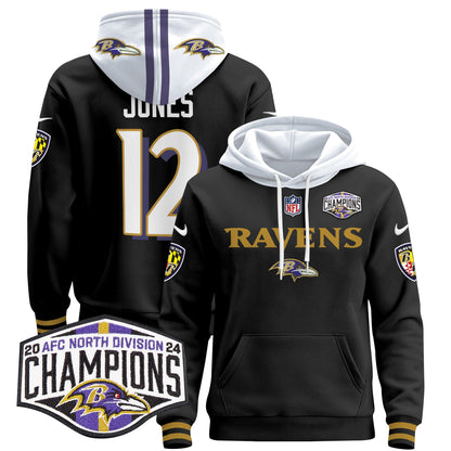 Baltimore Ravens 2024 AFC North Division Champions Patch Pullover Hoodie - All Stitched