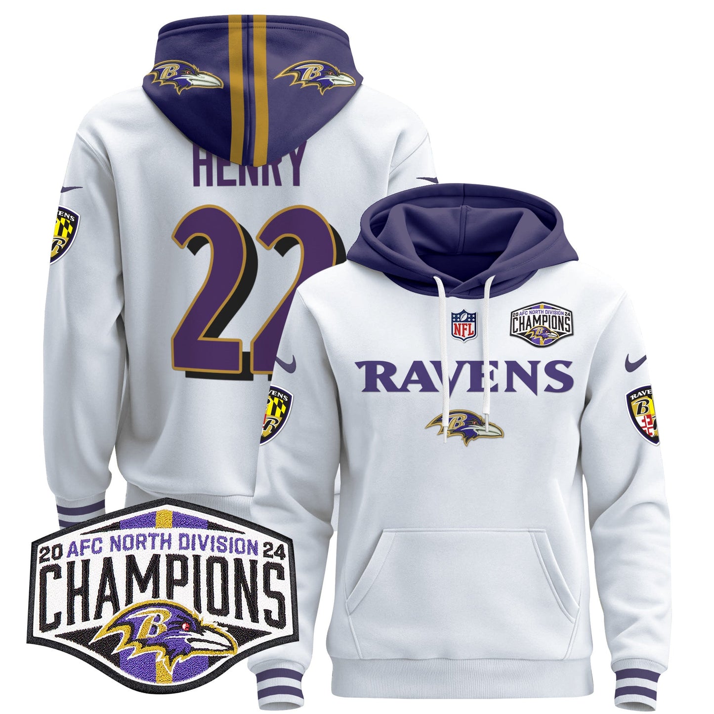 Baltimore Ravens 2024 AFC North Division Champions Patch Pullover Hoodie - All Stitched