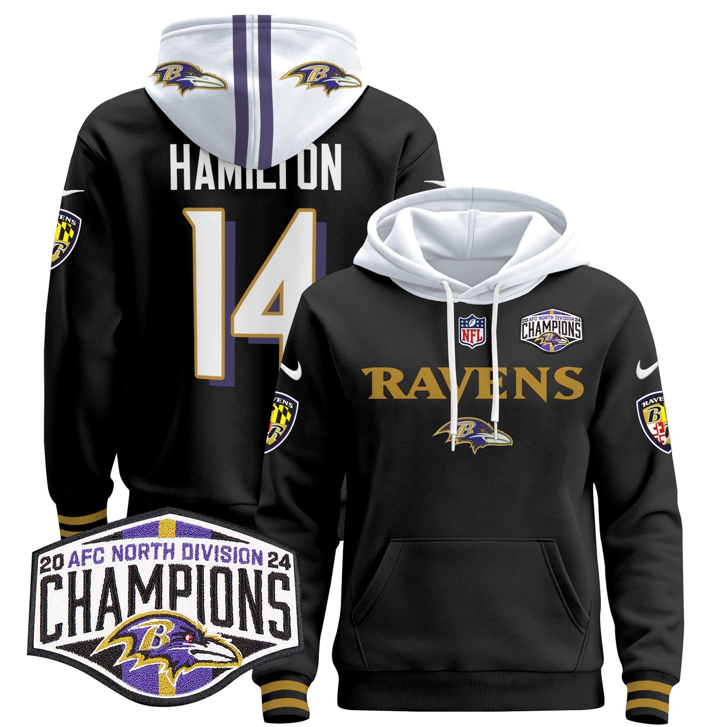 Baltimore Ravens 2024 AFC North Division Champions Patch Pullover Hoodie - All Stitched