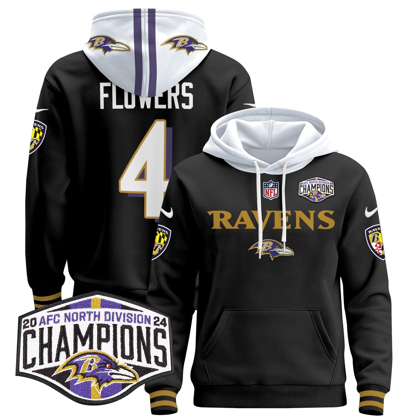 Baltimore Ravens 2024 AFC North Division Champions Patch Pullover Hoodie - All Stitched
