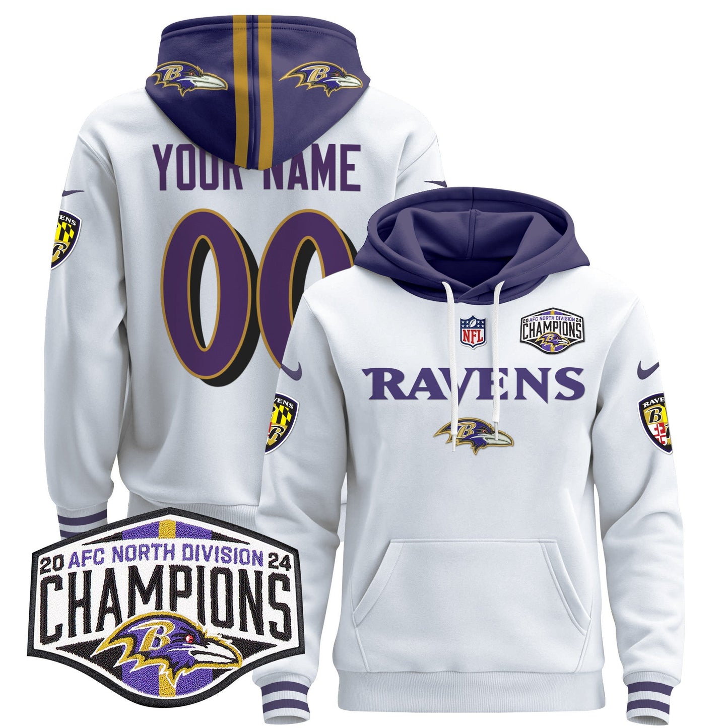 Baltimore Ravens 2024 AFC North Division Champions Patch Custom Pullover Hoodie - All Stitched