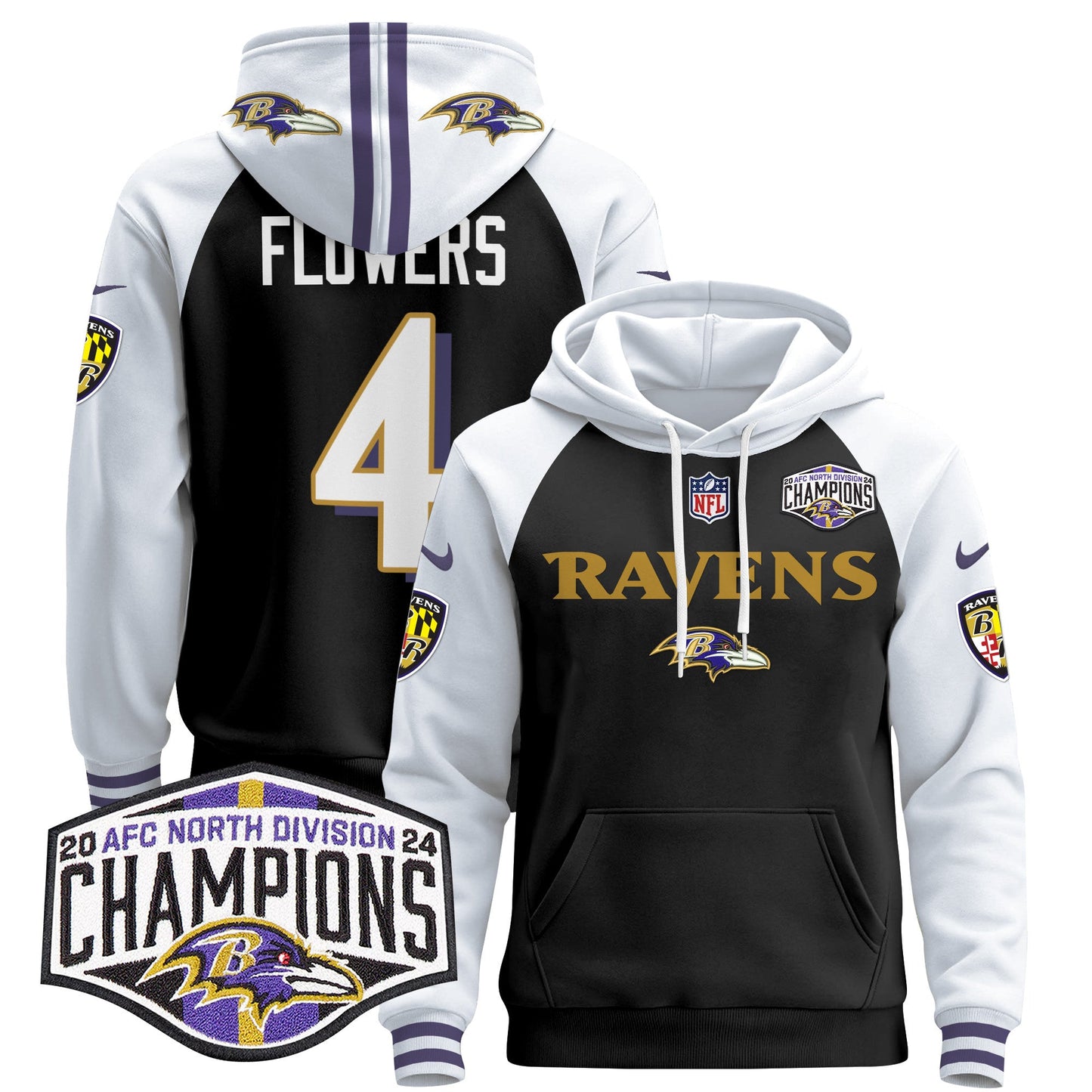 Baltimore Ravens 2024 AFC North Division Champions Patch Pullover Hoodie - All Stitched