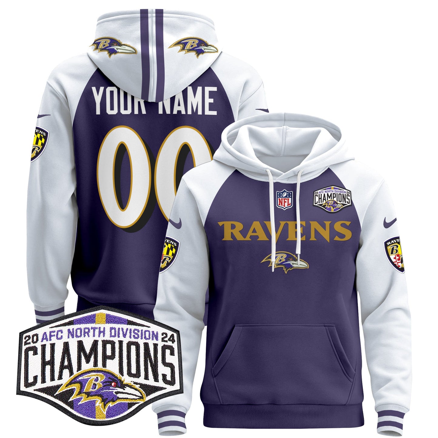 Baltimore Ravens 2024 AFC North Division Champions Patch Custom Pullover Hoodie - All Stitched