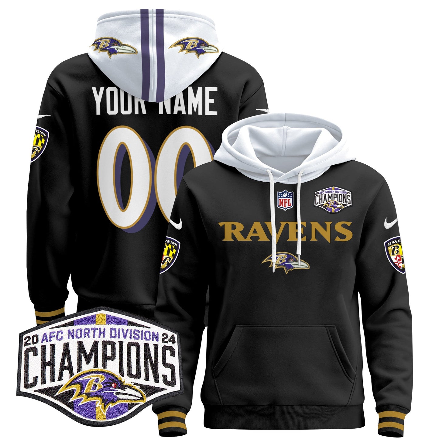 Baltimore Ravens 2024 AFC North Division Champions Patch Custom Pullover Hoodie - All Stitched