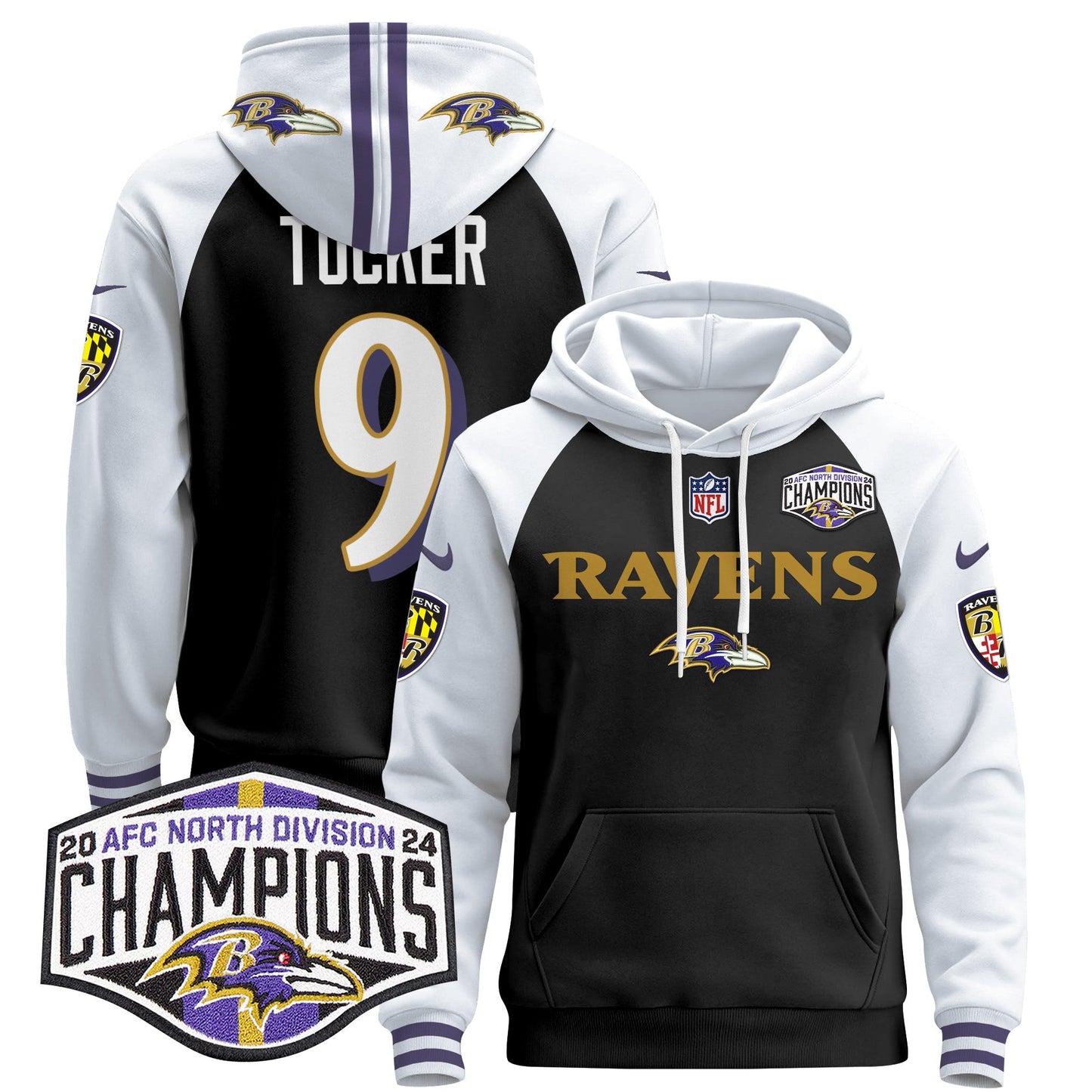 Baltimore Ravens 2024 AFC North Division Champions Patch Pullover Hoodie - All Stitched