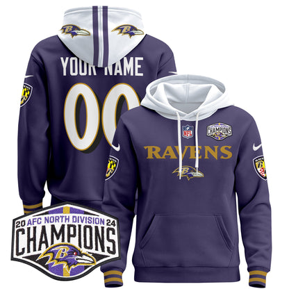 Baltimore Ravens 2024 AFC North Division Champions Patch Custom Pullover Hoodie - All Stitched