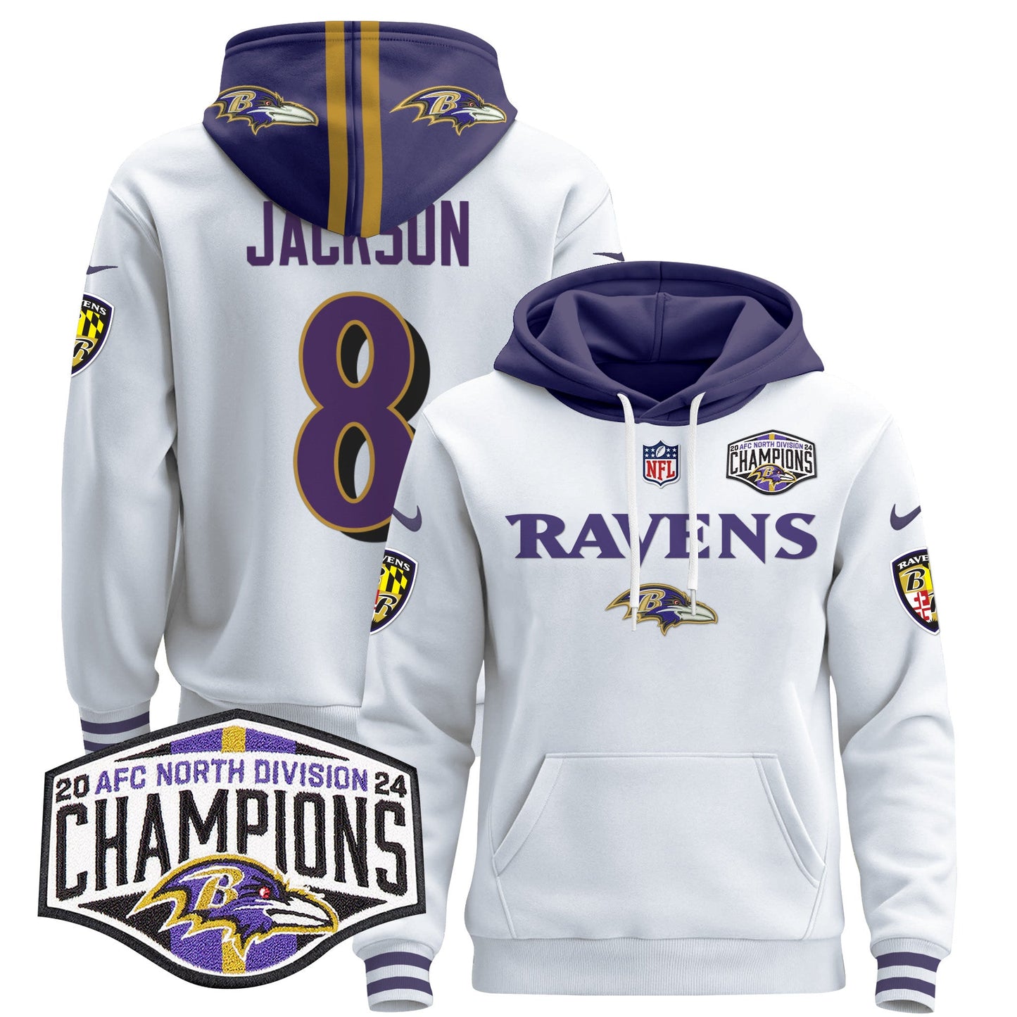 Baltimore Ravens 2024 AFC North Division Champions Patch Pullover Hoodie - All Stitched