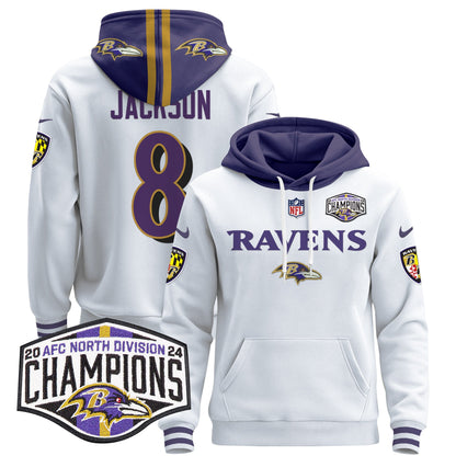 Baltimore Ravens 2024 AFC North Division Champions Patch Pullover Hoodie - All Stitched