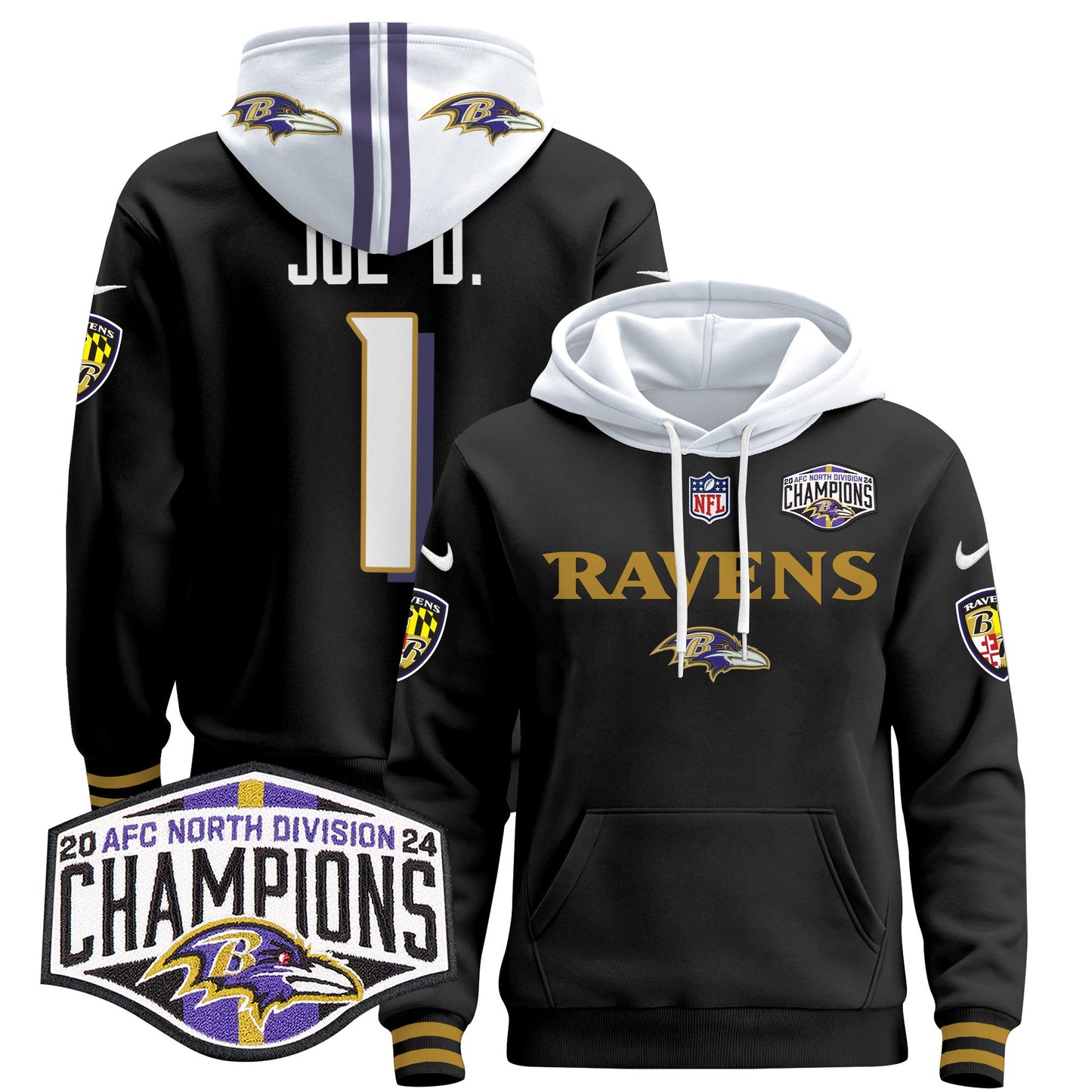 Baltimore Ravens 2024 AFC North Division Champions Patch Pullover Hoodie - All Stitched