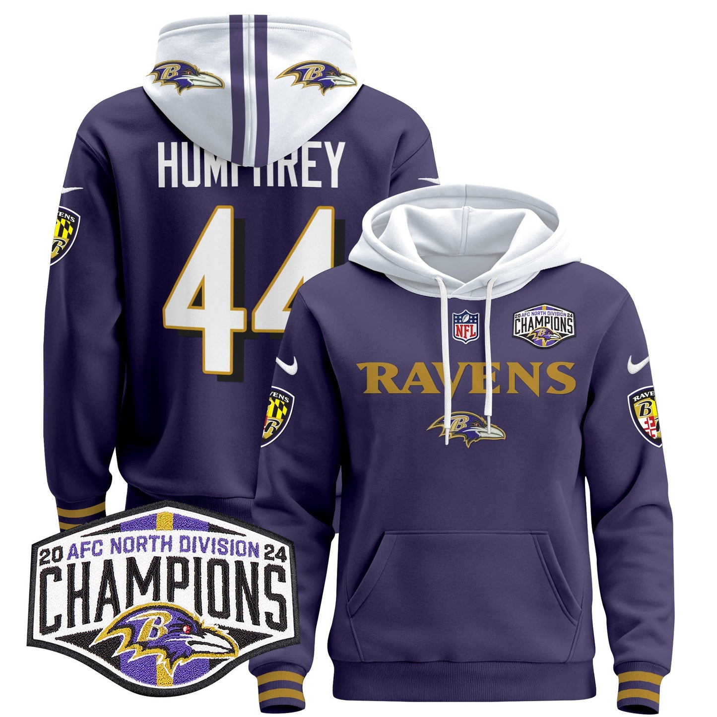Baltimore Ravens 2024 AFC North Division Champions Patch Pullover Hoodie - All Stitched